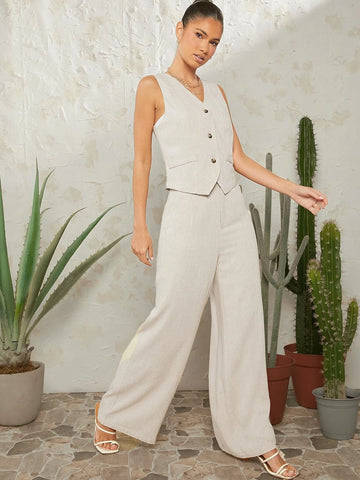 VCAY Solid Button Front Vest Blazer & Wide Leg Pants