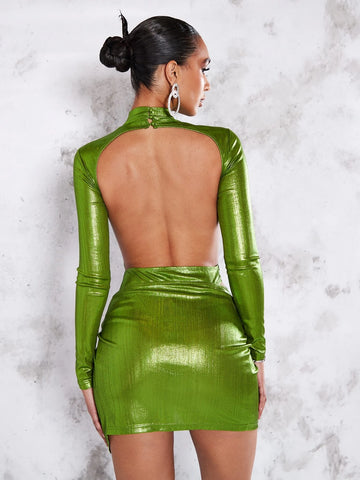 BAE Mock Neck Bodysuit & Twist Front Asymmetrical Hem Skirt