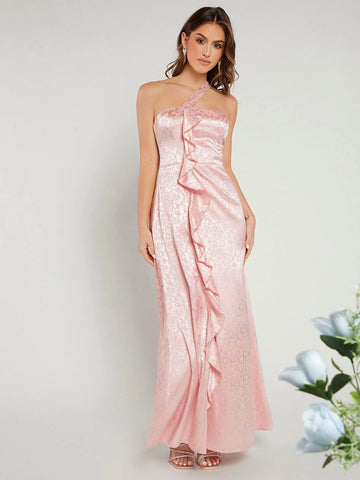 Belle One Shoulder Ruffle Trim Jacquard Bridesmaid Dress