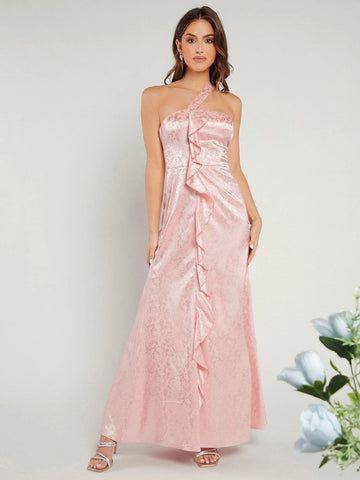 Belle One Shoulder Ruffle Trim Jacquard Bridesmaid Dress