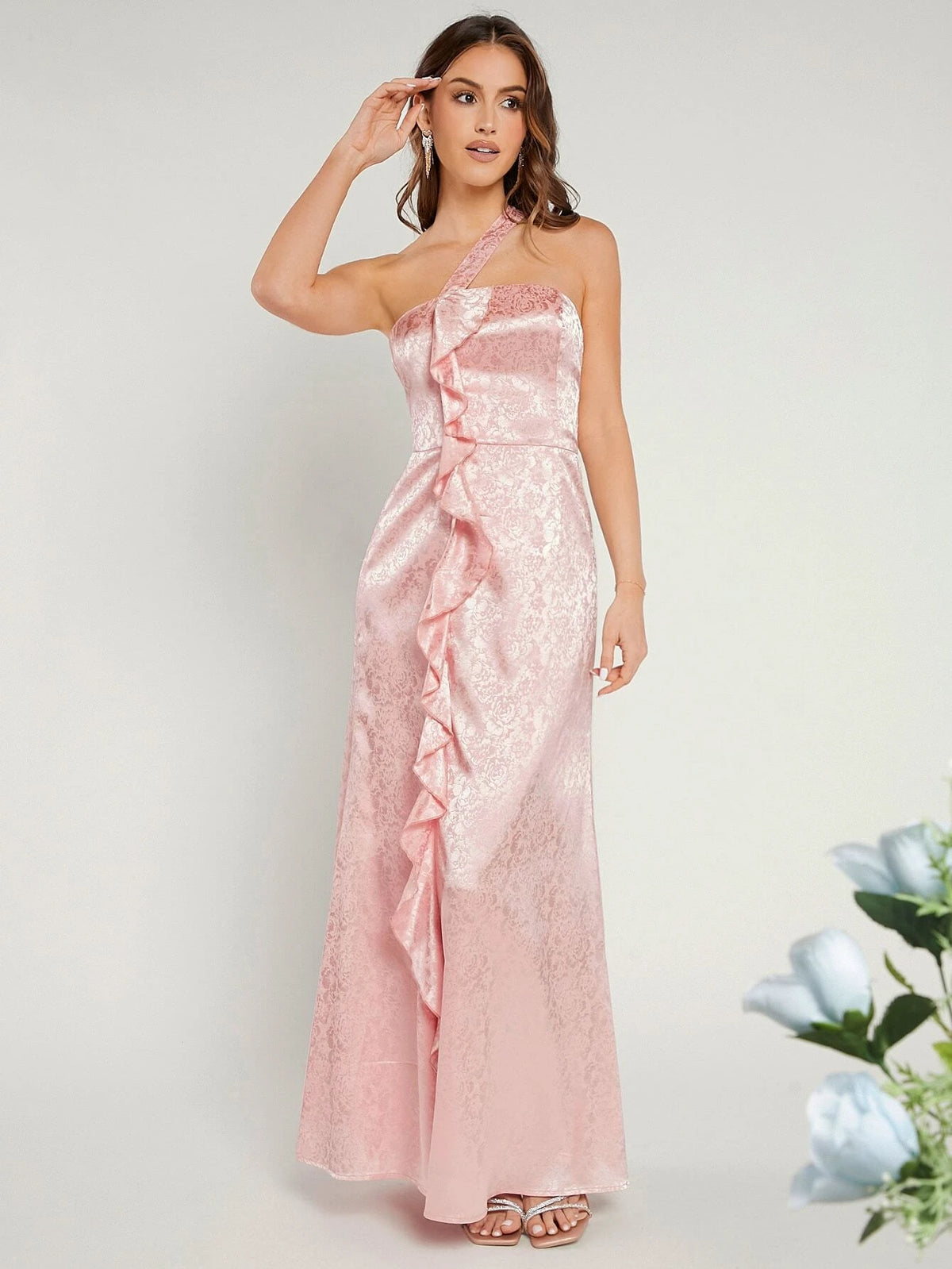 Belle One Shoulder Ruffle Trim Jacquard Bridesmaid Dress