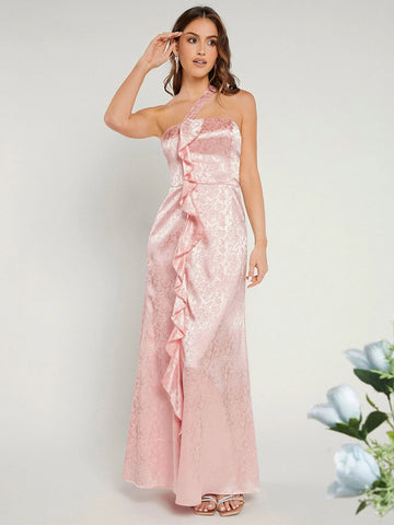 Belle One Shoulder Ruffle Trim Jacquard Bridesmaid Dress