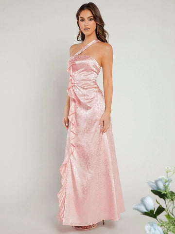 Belle One Shoulder Ruffle Trim Jacquard Bridesmaid Dress