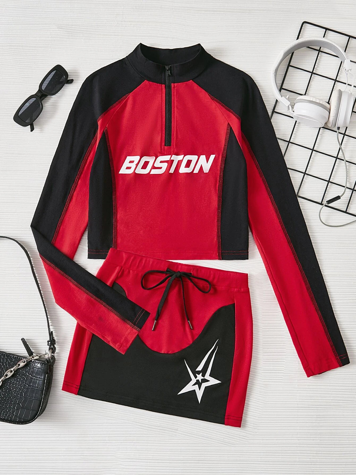 EZwear Letter Graphic Raglan Sleeve Tee & Bodycon Skirt