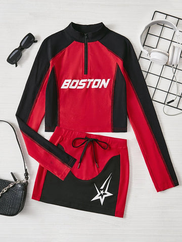 EZwear Letter Graphic Raglan Sleeve Tee & Bodycon Skirt