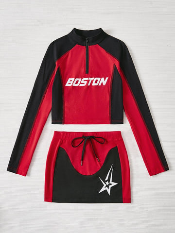 EZwear Letter Graphic Raglan Sleeve Tee & Bodycon Skirt