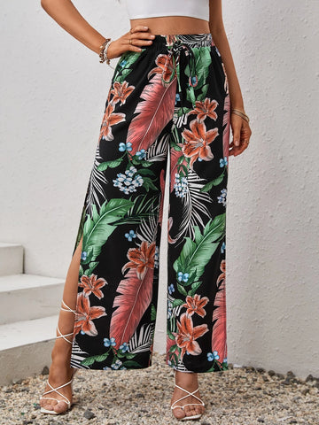 Tropical Print Split Thigh Wide Leg Pants