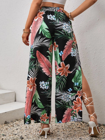 Tropical Print Split Thigh Wide Leg Pants