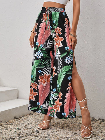 Tropical Print Split Thigh Wide Leg Pants