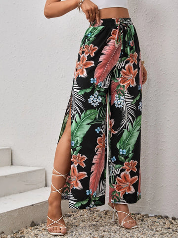 Tropical Print Split Thigh Wide Leg Pants