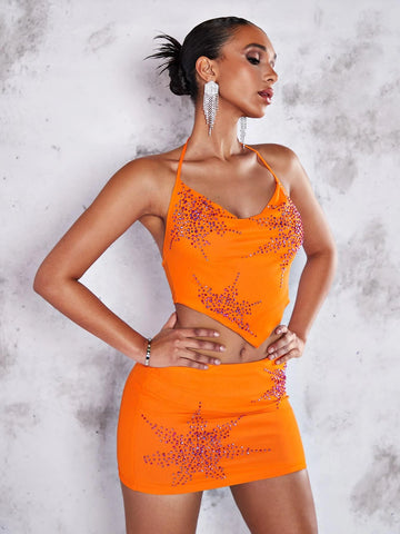 BAE Rhinestone Detail Draped Front Halter Top & Bodycon Skirt