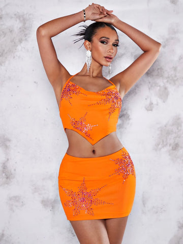 BAE Rhinestone Detail Draped Front Halter Top & Bodycon Skirt