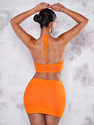 BAE Rhinestone Detail Draped Front Halter Top & Bodycon Skirt