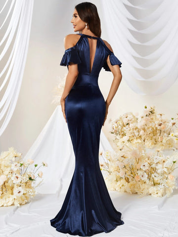 Cold Shoulder Backless Mermaid Hem Satin Formal Dress