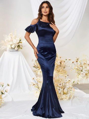 Cold Shoulder Backless Mermaid Hem Satin Formal Dress