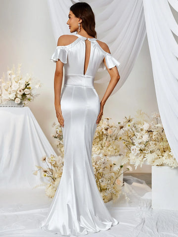 Cold Shoulder Backless Mermaid Hem Satin Formal Dress