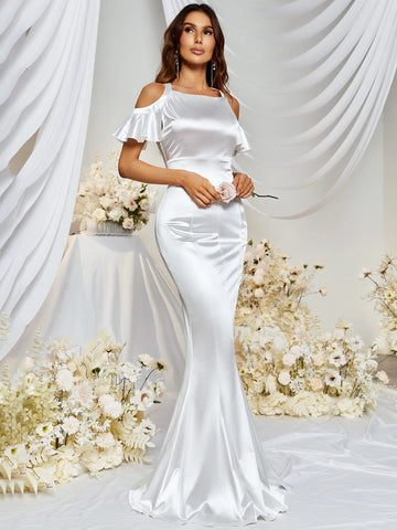 Cold Shoulder Backless Mermaid Hem Satin Formal Dress