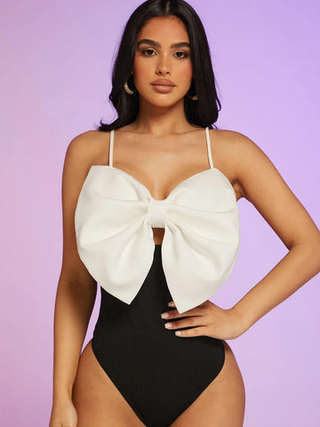 BAE Two Tone Big Bow Front Cami Bodysuit