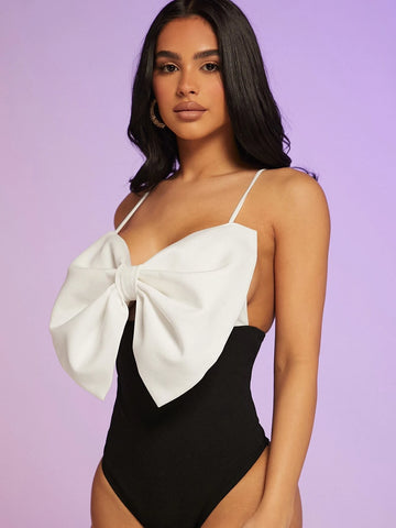 BAE Two Tone Big Bow Front Cami Bodysuit