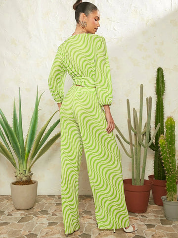 VCAY Allover Print Lantern Sleeve Knot Hem Crop Top & Wide Leg Pants