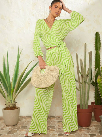 VCAY Allover Print Lantern Sleeve Knot Hem Crop Top & Wide Leg Pants