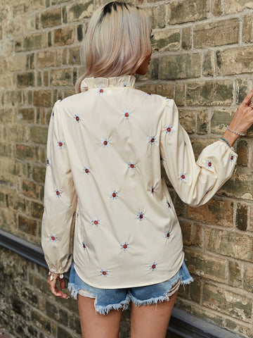 Floral Embroidery Button Front Lantern Sleeve Shirt