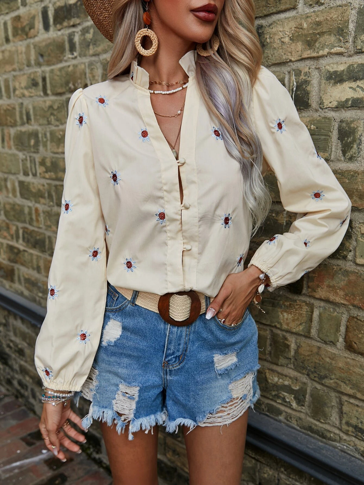 Floral Embroidery Button Front Lantern Sleeve Shirt
