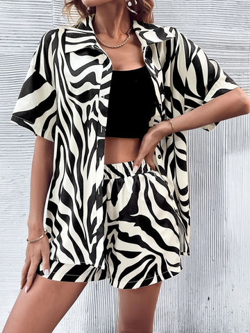 Zebra Striped Drop Shoulder Shirt & Shorts