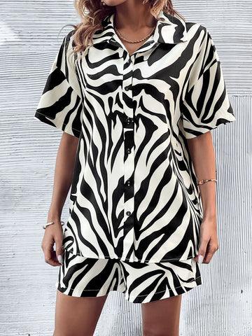 Zebra Striped Drop Shoulder Shirt & Shorts