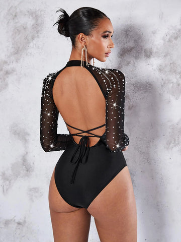 Pearls Beaded Contrast Mesh Raglan Sleeve Bodysuit