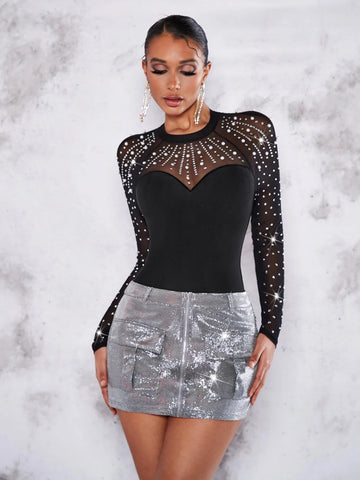 Pearls Beaded Contrast Mesh Raglan Sleeve Bodysuit