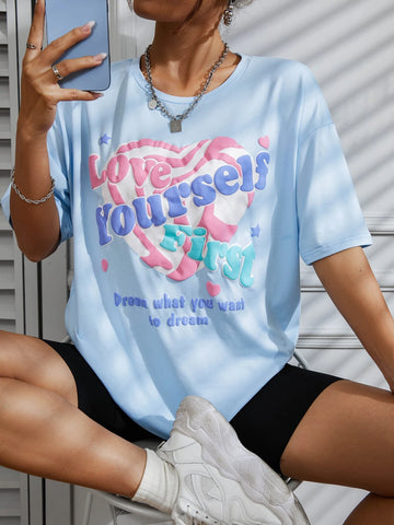 Heart & Slogan Graphic Drop Shoulder Tee