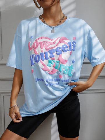 Heart & Slogan Graphic Drop Shoulder Tee