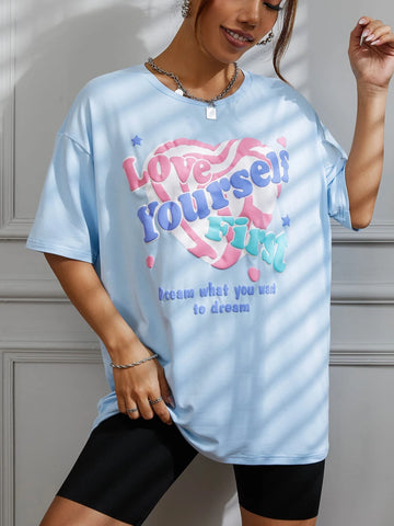 Heart & Slogan Graphic Drop Shoulder Tee