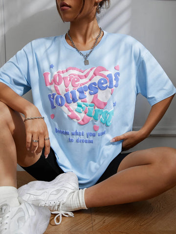 Heart & Slogan Graphic Drop Shoulder Tee