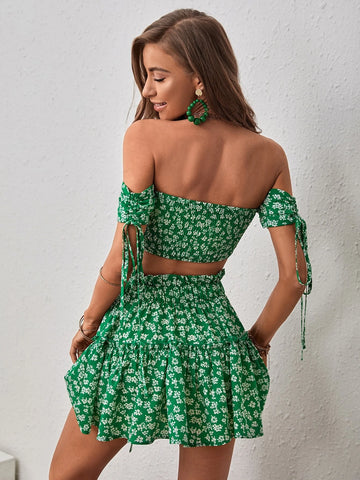 VCAY Ditsy Floral Print Off Shoulder Drawstring Crop Top & Paperbag Waist Skirt