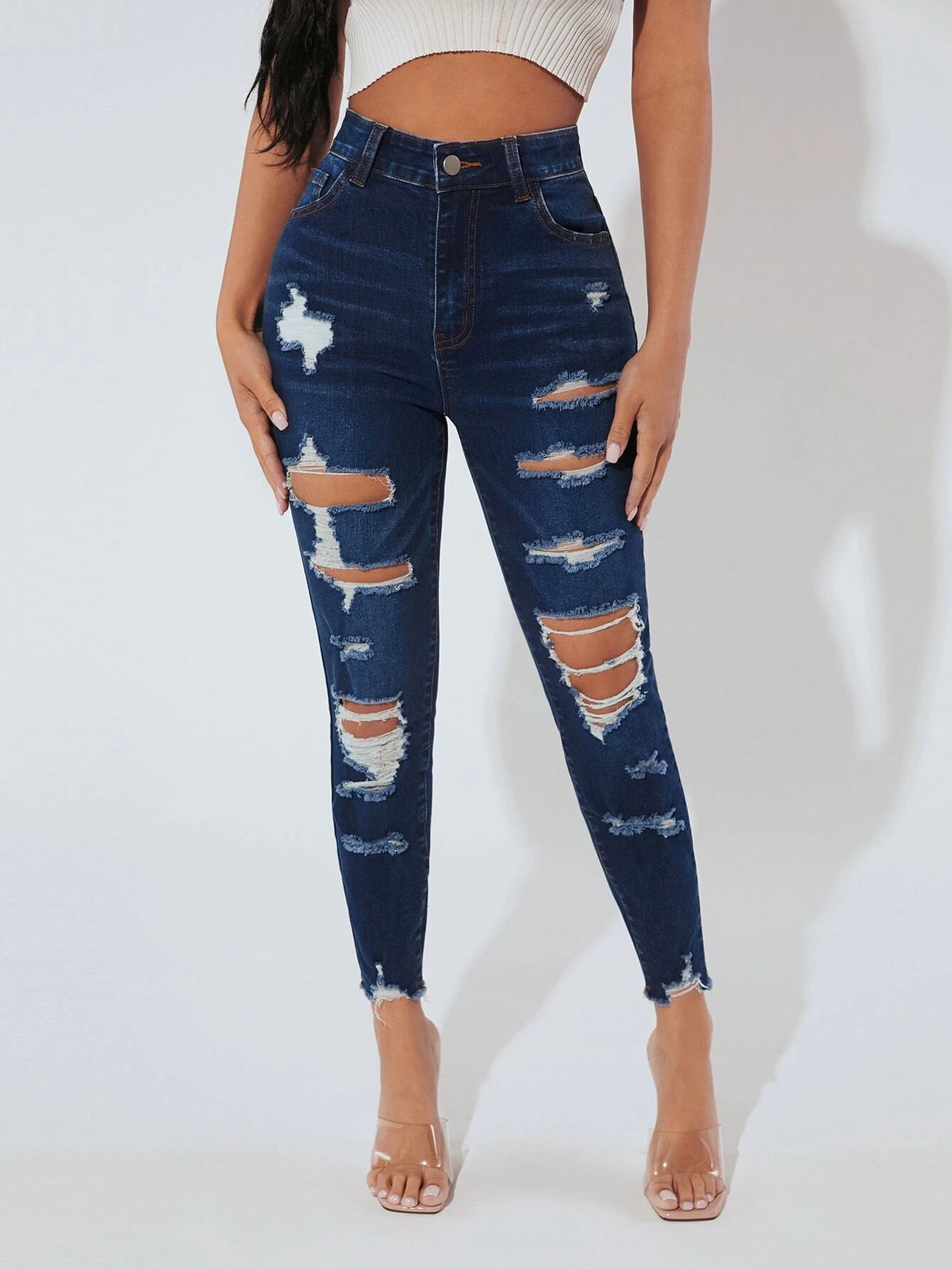 PETITE High Waist Ripped Raw Hem Skinny Jeans