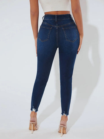 PETITE High Waist Ripped Raw Hem Skinny Jeans