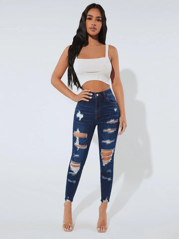 PETITE High Waist Ripped Raw Hem Skinny Jeans