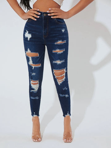 PETITE High Waist Ripped Raw Hem Skinny Jeans