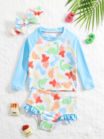 Baby Dinosaur Print Ruffle Trim Bikini Swimsuit & Accessory Headband
