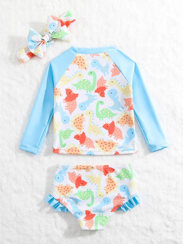 Baby Dinosaur Print Ruffle Trim Bikini Swimsuit & Accessory Headband