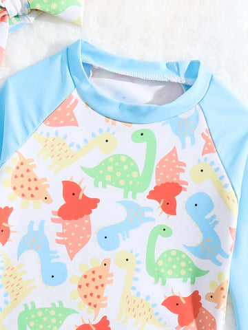 Baby Dinosaur Print Ruffle Trim Bikini Swimsuit & Accessory Headband