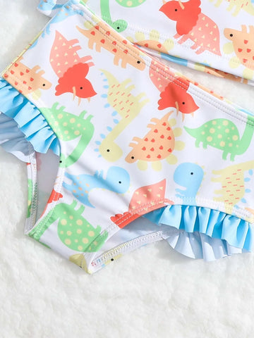 Baby Dinosaur Print Ruffle Trim Bikini Swimsuit & Accessory Headband
