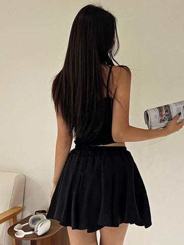 Solid Frill Trim Cami Top & Drawstring Waist Skirt