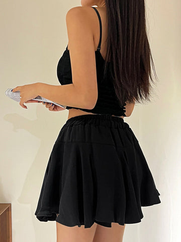 Solid Frill Trim Cami Top & Drawstring Waist Skirt