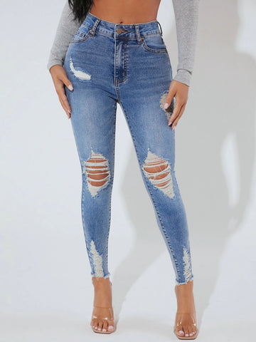 PETITE Ripped Raw Hem Skinny Jeans