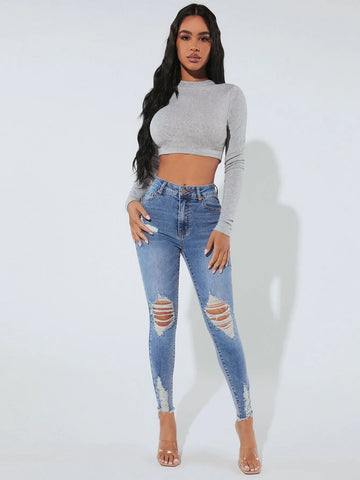 PETITE Ripped Raw Hem Skinny Jeans