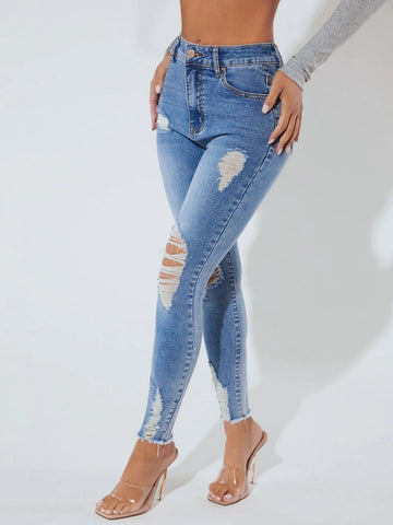 PETITE Ripped Raw Hem Skinny Jeans