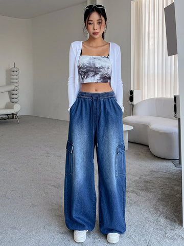 DAZY Elastic Waist Flap Pocket Cargo Jeans